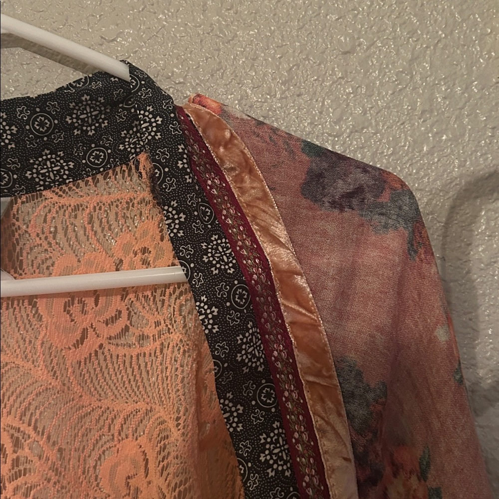 Ivy Jane Women’s Size Large Multicolor Pink Floral Long Cardigan Fringe Top - Picture 10 of 11